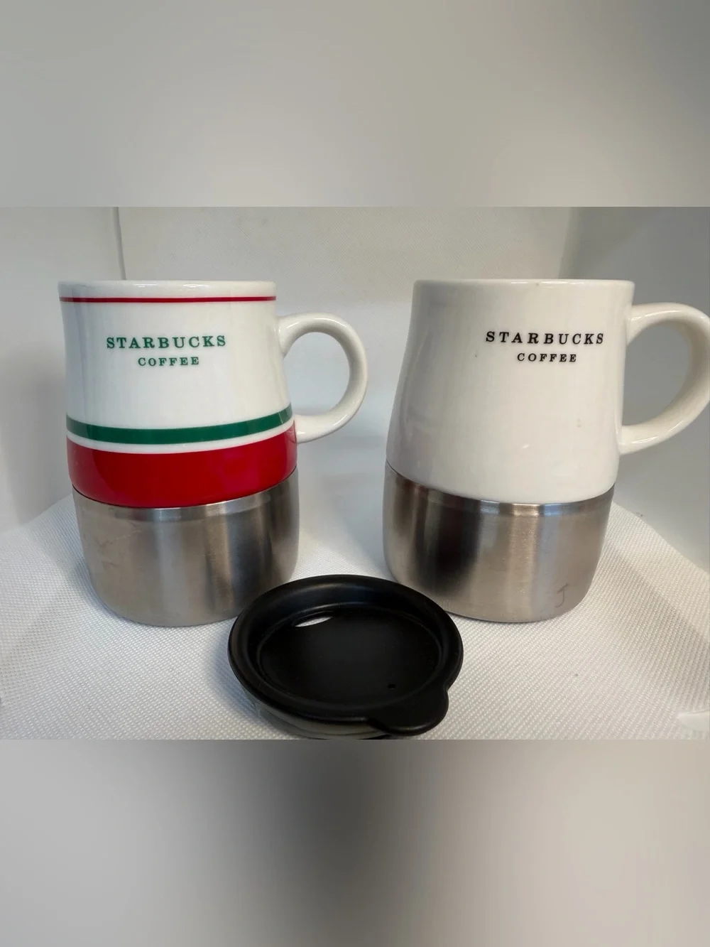 Two Starbucks Travel 14 Oz Mugs One Lid 2005/2006 Stainless Steel Bottoms